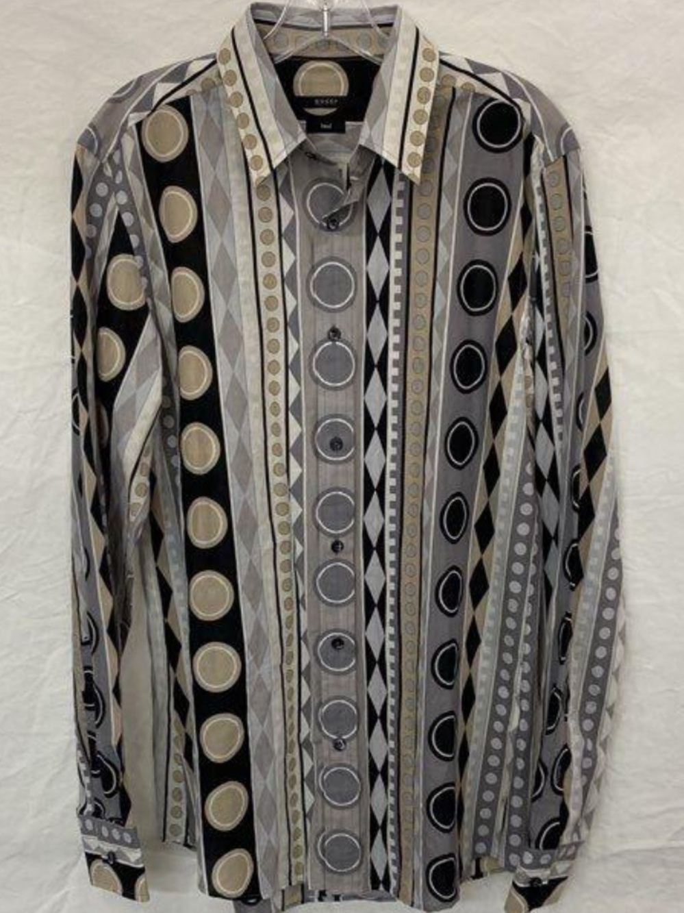 GUCCI Striped Geometric Print Button-Up Shirt in Black, Gray & Cream - Picture 4 of 8